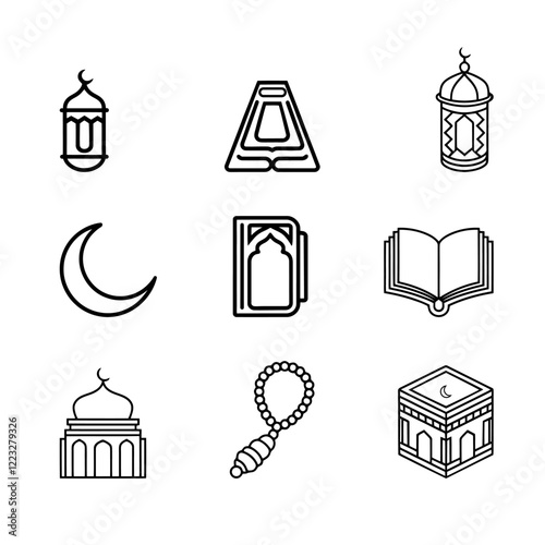 Simple Black Line Icons Representing Islamic Symbols