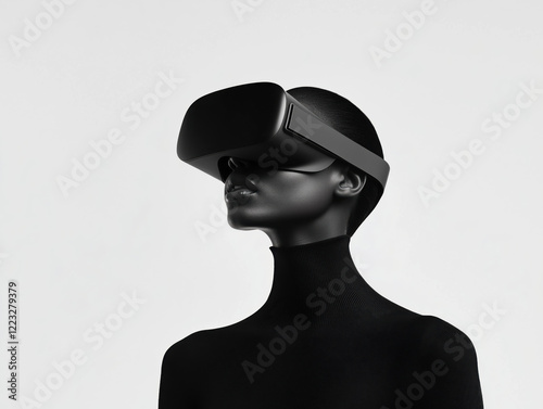 Individual Engaged in a Virtual Reality Experience with a Crisp White Background Surrounding Them.