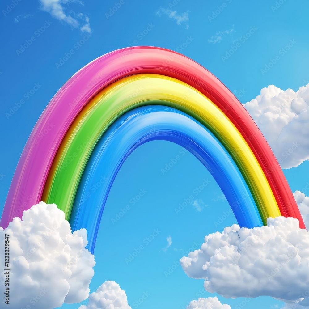3D icon cartoon rainbow stretching across a bright blue sky with fluffy clouds isolated on a white background 3D icon cartoon rainbow stretching across a bright blue sky with fluffy clouds isolated on a white background