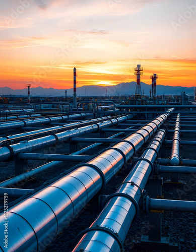 Sunset Industrial Pipeline Landscape Stunning Image