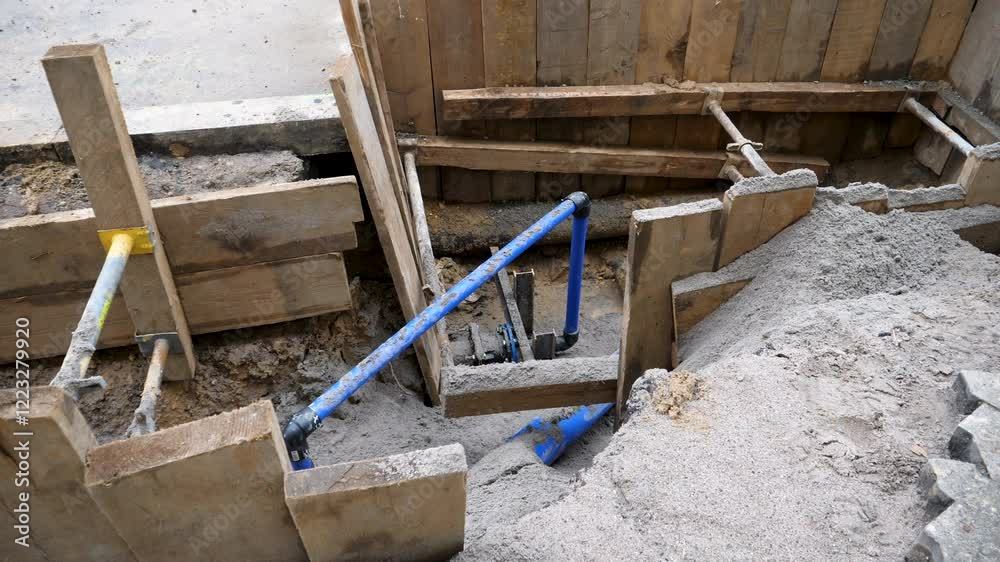 Construction site in a city street, deep trench and water pipes
Construction site in a city street, deep trench and water pipes