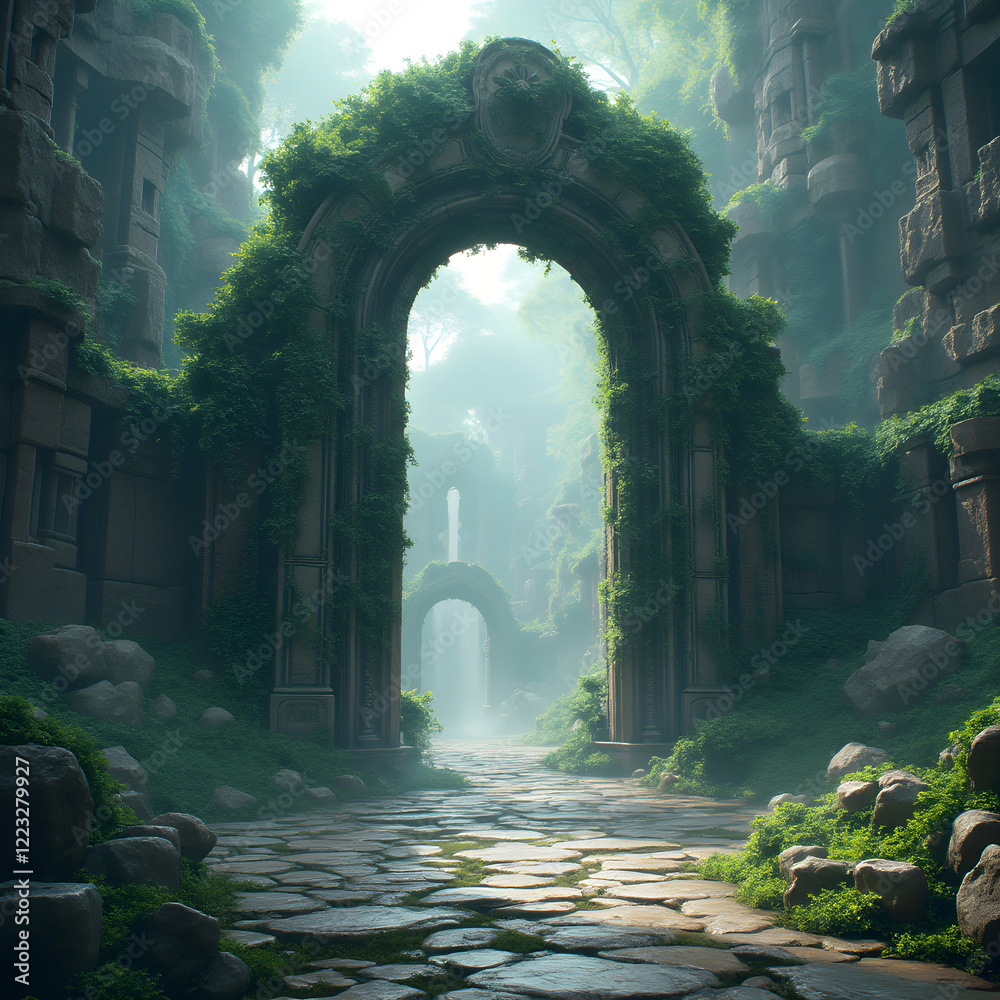 Fototapeta premium Spectacular fantasy scene with a portal archway covered in creepers. In the fantasy world, ancient magical stone gate show another dimension. Digital art 3D illustration. 