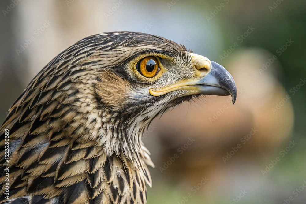 Close-up profile of a hawk with sharp talons and intense gaze. Close-up profile of a hawk with sharp talons and intense gaze.