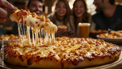 Delicious cheesy pizza with friends