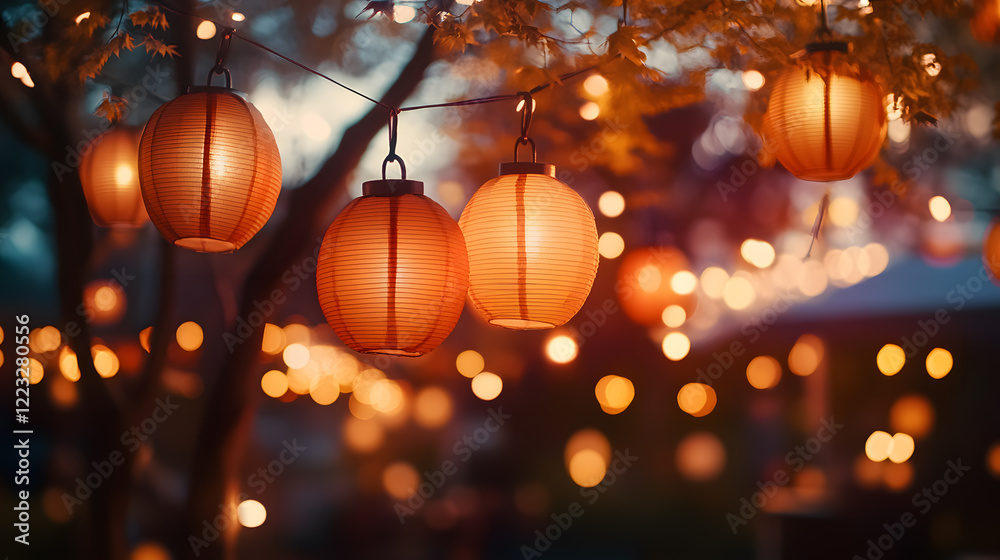 festive outdoor setting with lanterns hanging in trees creates warm and inviting atmosphere, perfect for celebrations or gatherings. soft glow of lanterns adds magical touch to evening ambiance festive outdoor setting with lanterns hanging in trees creates warm and inviting atmosphere, perfect for celebrations or gatherings. soft glow of lanterns adds magical touch to evening ambiance