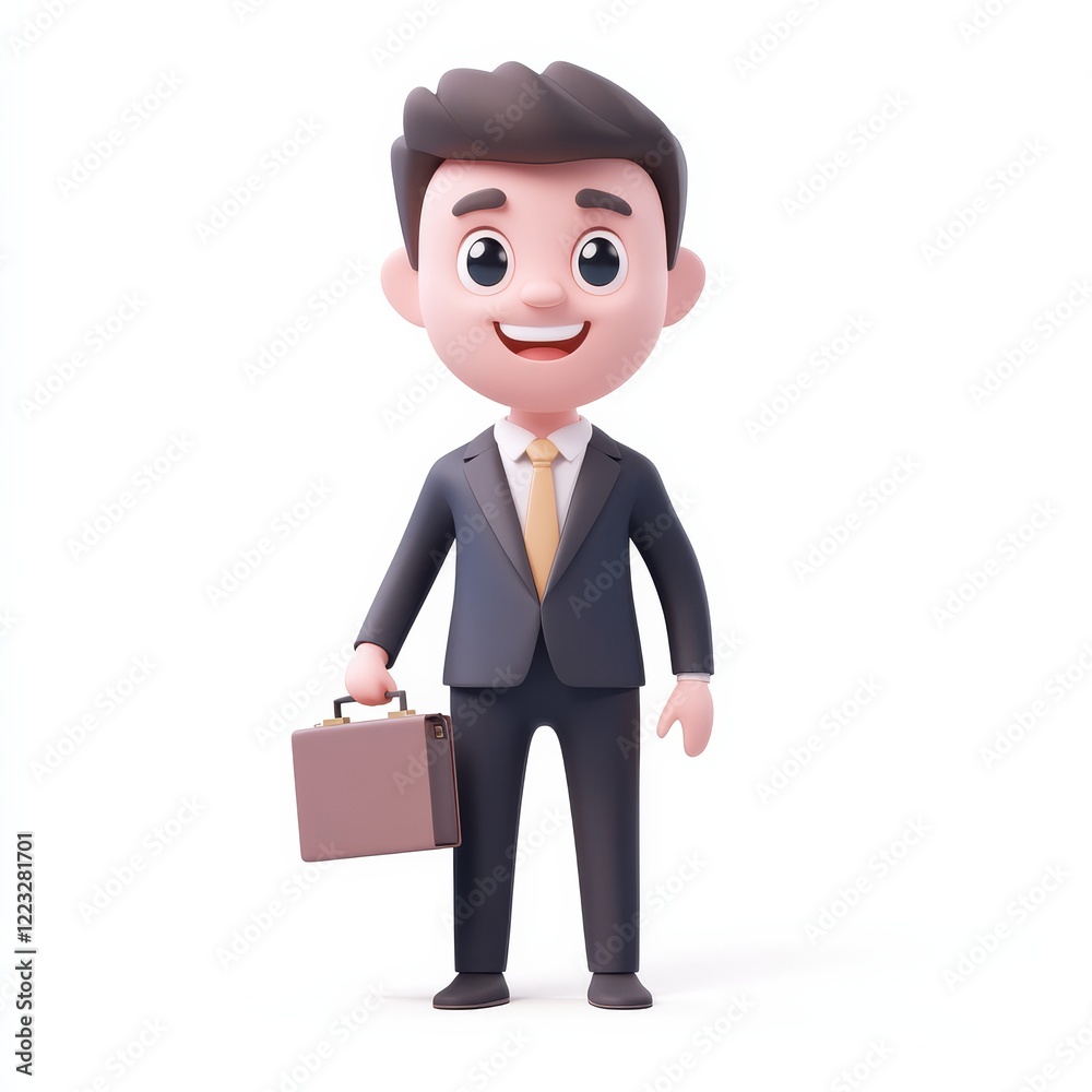 A cheerful cartoon character dressed in a suit, holding a briefcase, representing professionalism and business. A cheerful cartoon character dressed in a suit, holding a briefcase, representing professionalism and business.