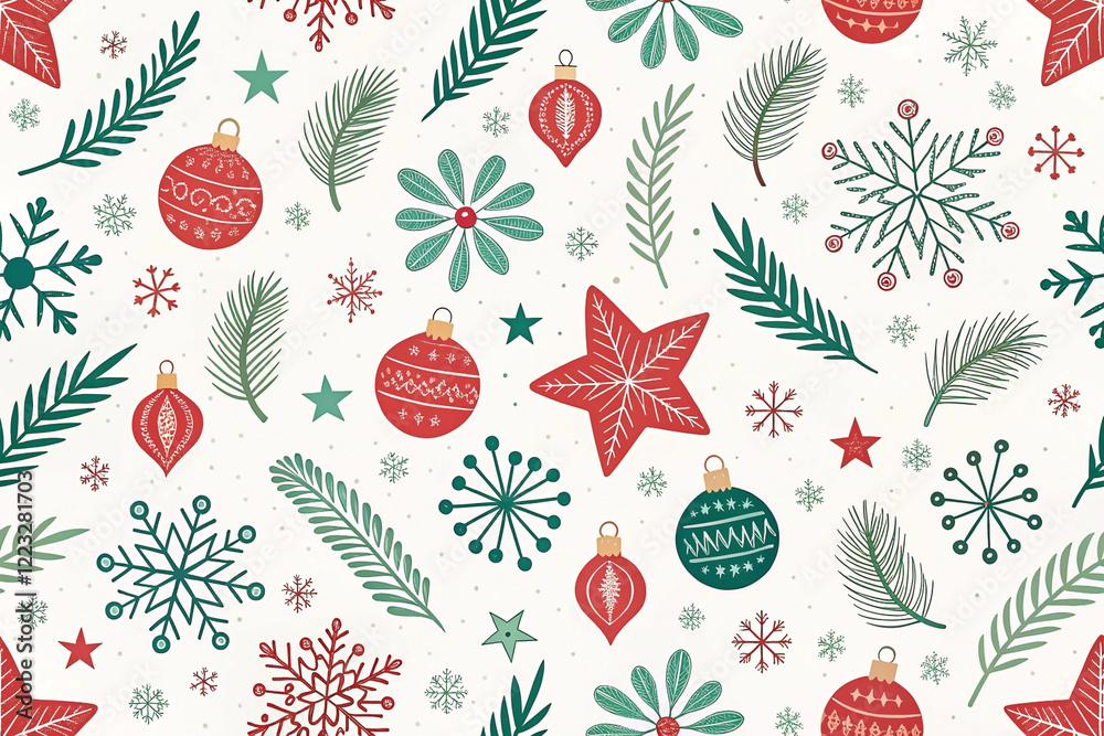 Seamless Christmas pattern with ornaments, snowflakes, stars, and pine.