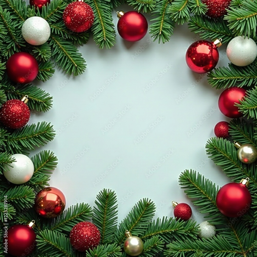 Red and white ornaments scattered around a fir tree in the, Christmas decorations, Red and white ornaments scattered around a fir tree in the, Christmas decorations,