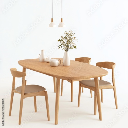 3D icon cartoon Scandinavian-style home interior with a wooden table and chairs isolated on a white background