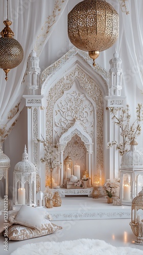 Elegant white Islamic prayer room interior.