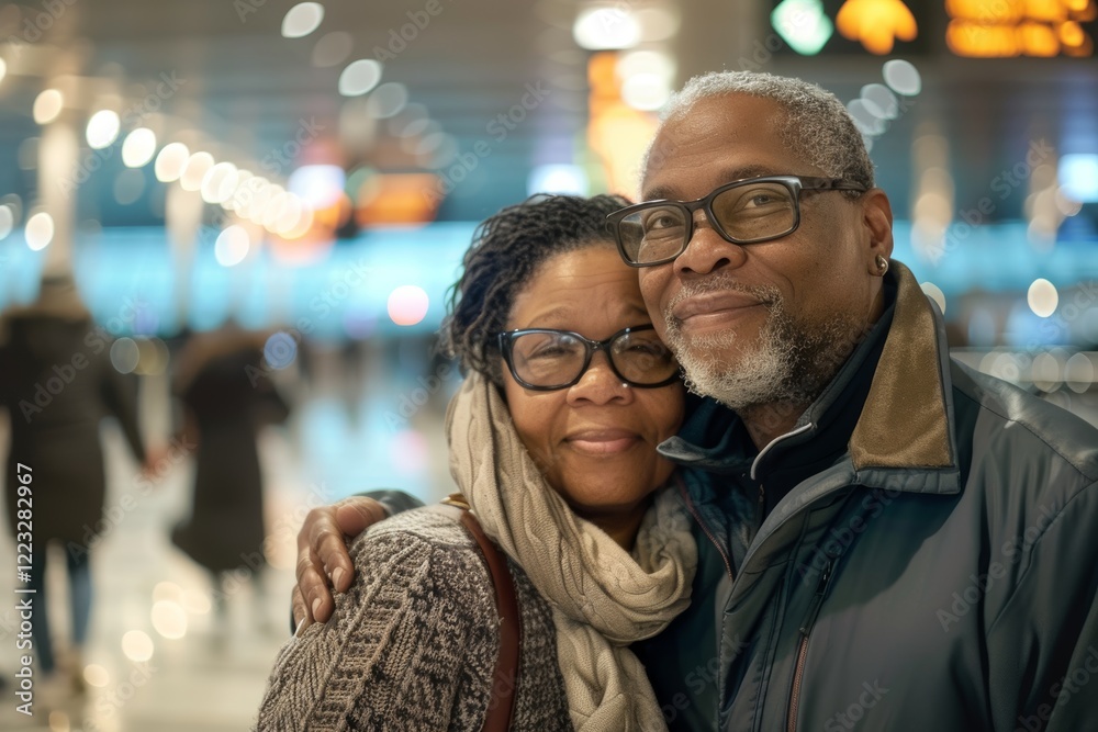 Portrait of a tender multicultural couple in their 50s wearing a cozy sweater over busy airport terminal Portrait of a tender multicultural couple in their 50s wearing a cozy sweater over busy airport terminal