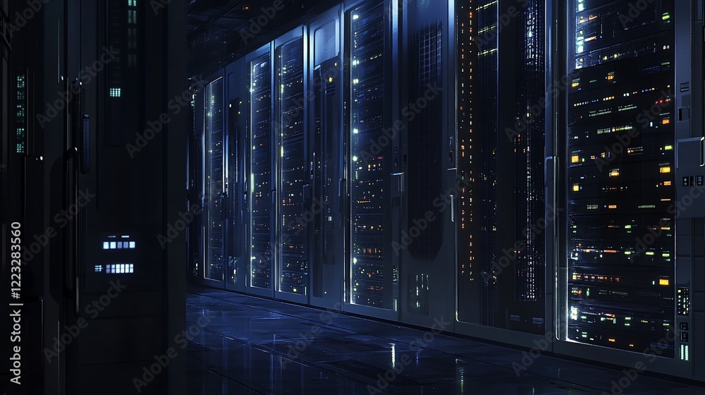 Nighttime server room; data center; glowing racks; secure; technology Nighttime server room; data center; glowing racks; secure; technology