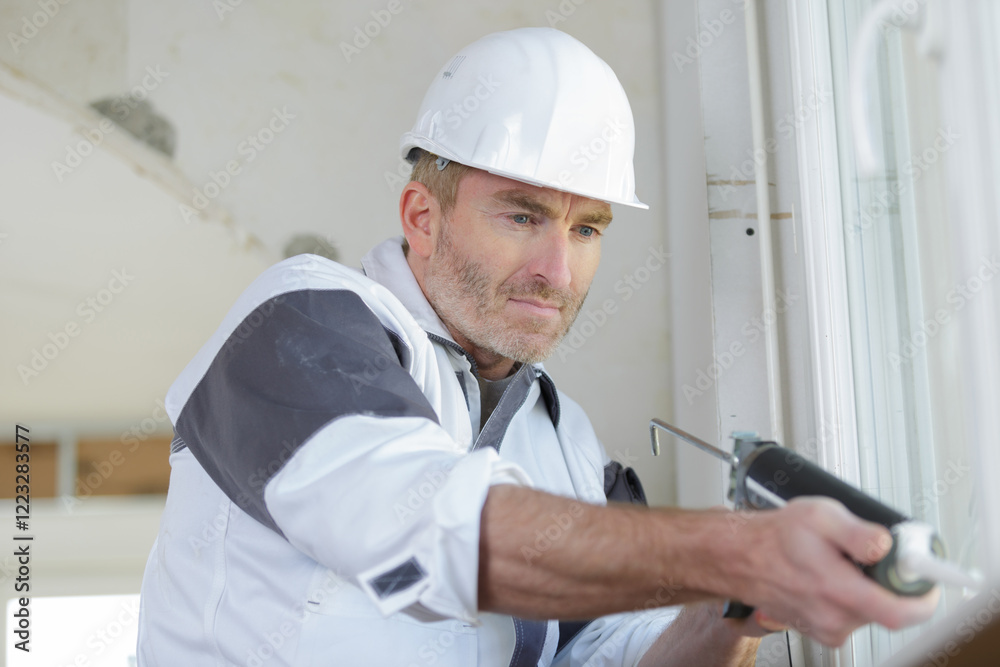 construction worker installing window in house construction worker installing window in house