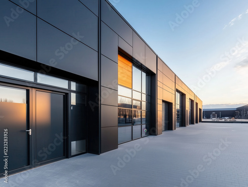 Spacious Industrial Warehouse Featuring Modern Metal Cladding, Sliding Doors, and Versatile Space for Storage or Business Operations—Combining Functionality with a Contemporary Look. photo