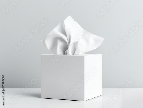 Box of tissues mockup concept. A simple white tissue box with crumpled tissues peeking out, set against a minimalist gray background. photo