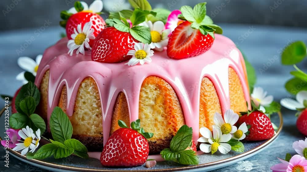 Delicious strawberry cake adorned with flowers on an elegant plate in a bright kitchen setting