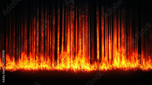 forest fire rages through dense woodland, with flames illuminating night sky, creating dramatic and intense scene. fire engulfs base of tall trees, casting shadows and highlighting destructive
