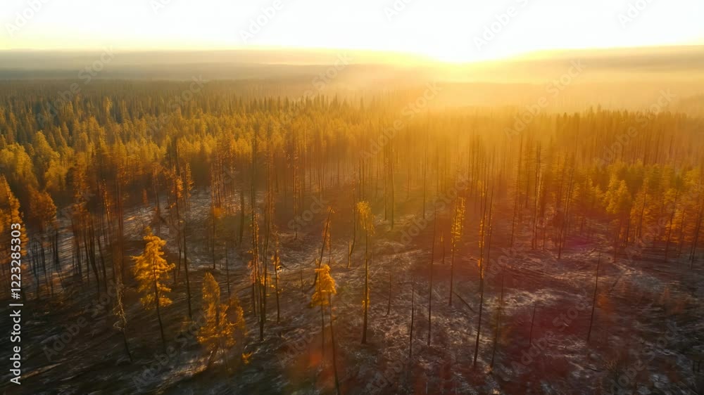 Aerial view of a forest at sunrise. Golden hour light illuminates burnt and surviving trees. Warm colors dominate the scene.  Ash and charred earth contrast