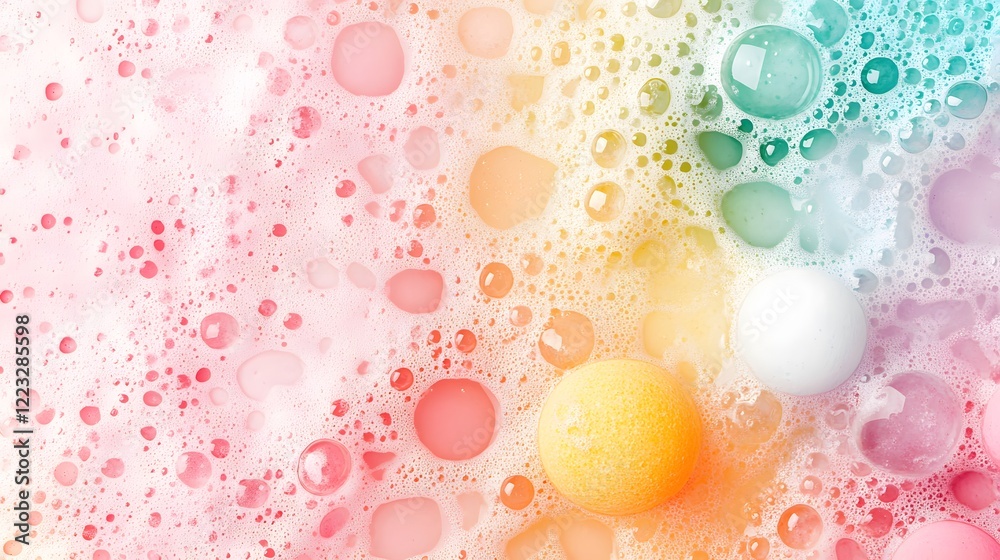 Colorful soap bubbles and foam on a bright background with texture and a playful atmosphere Colorful soap bubbles and foam on a bright background with texture and a playful atmosphere
