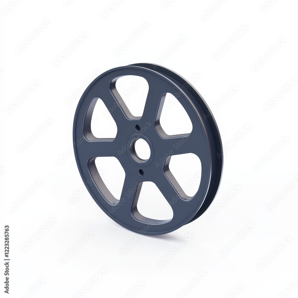 A metal wheel with a six-spoke design, designed for mechanical applications, showcasing a sleek and modern aesthetic. A metal wheel with a six-spoke design, designed for mechanical applications, showcasing a sleek and modern aesthetic.