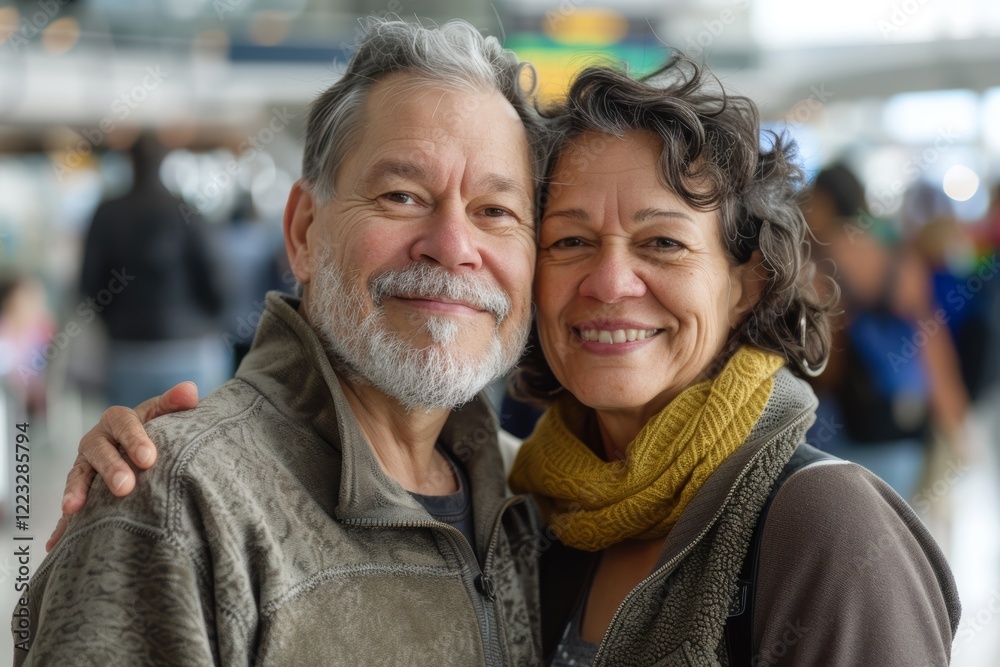 Portrait of a satisfied mixed race couple in their 50s dressed in a comfy fleece pullover while standing against busy airport terminal Portrait of a satisfied mixed race couple in their 50s dressed in a comfy fleece pullover while standing against busy airport terminal