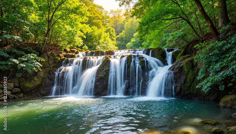 Obraz premium Tranquil tropical waterfall in lush jungle, winter vacation escape