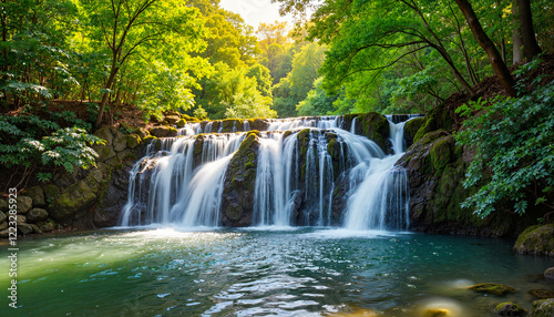 Tranquil tropical waterfall in lush jungle, winter vacation escape