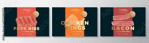 Pork Ribs, Chicken Wings, Bacon Vector Packaging Label Design Templates Set. Product Banner, Hand Drawn Meat, Pork and Poultry Sketches. Food Background Layout with Gold Foil Isolated photo