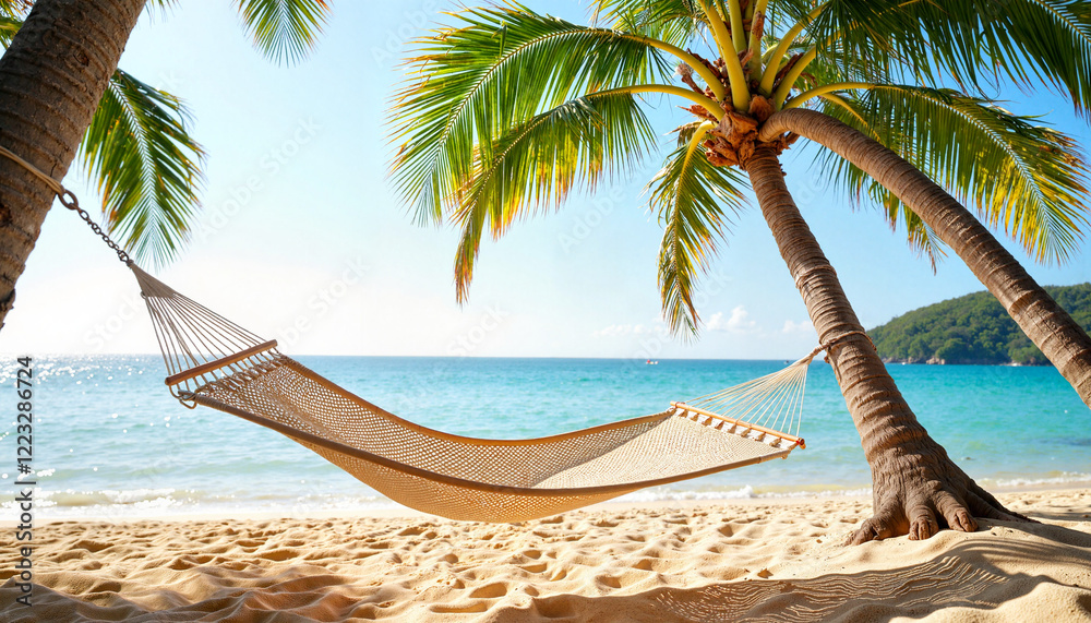 Fototapeta premium Secluded hammock swaying gently by ocean view, winter relaxation