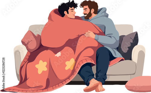 Gay couple sharing intimate moments at home on sofa under blanket