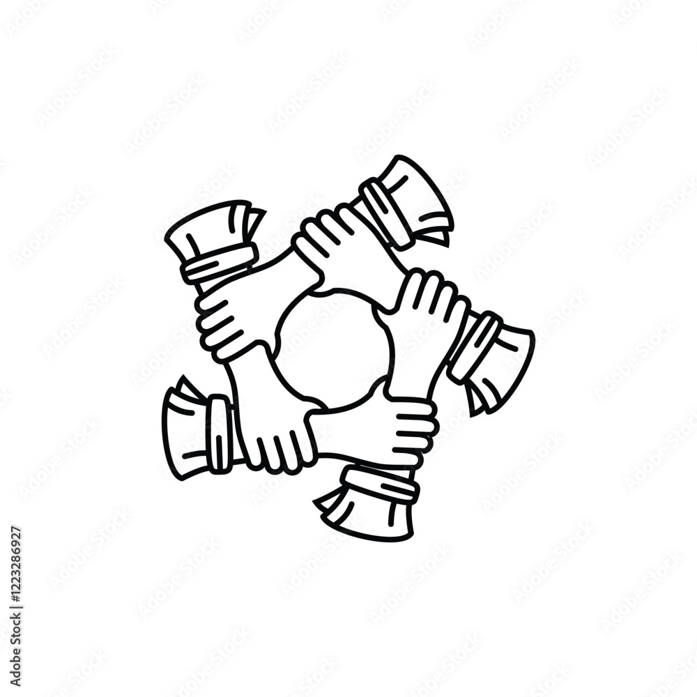 Logo design of five hands holding each other tightly in a circle with line symbol vector illustration