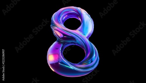 iridescent number eight 8 - isolated on black background - neon glowing number