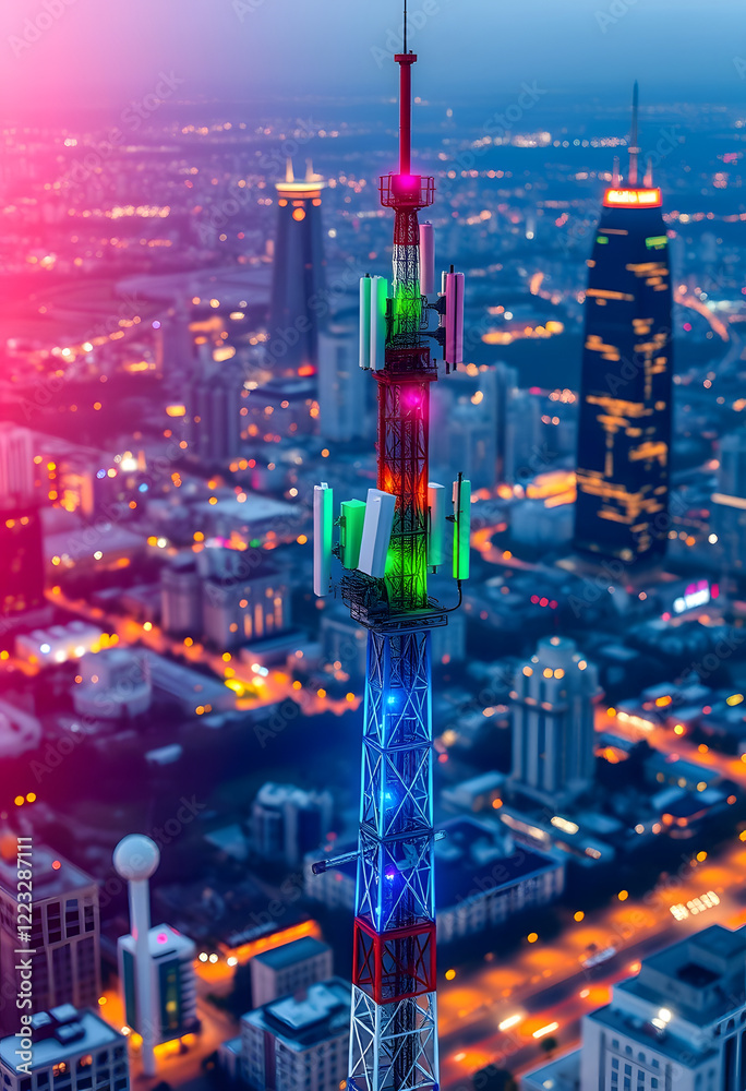 Fototapeta premium Telecommunication tower with 5G cellular network antenna on city background, Global connection and internet network concept, colorful, with white tones