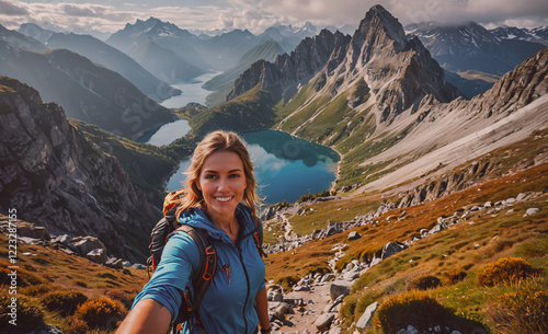 A woman is smiling and taking a selfie in front of a mountain range. The photo captures the beauty of nature and the joy of being outdoors