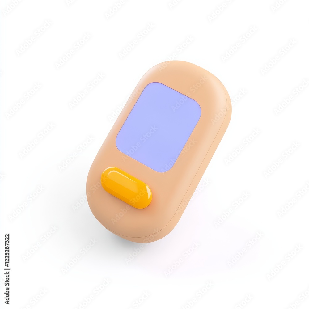 A small, colorful toy resembling a device with a purple screen and yellow button, designed for playful interaction. A small, colorful toy resembling a device with a purple screen and yellow button, designed for playful interaction.