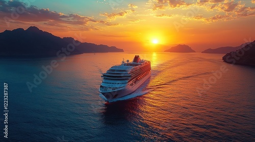 Majestic Sunset Cruise: A Cruise Ship Navigates Serene Waters at Golden Hour