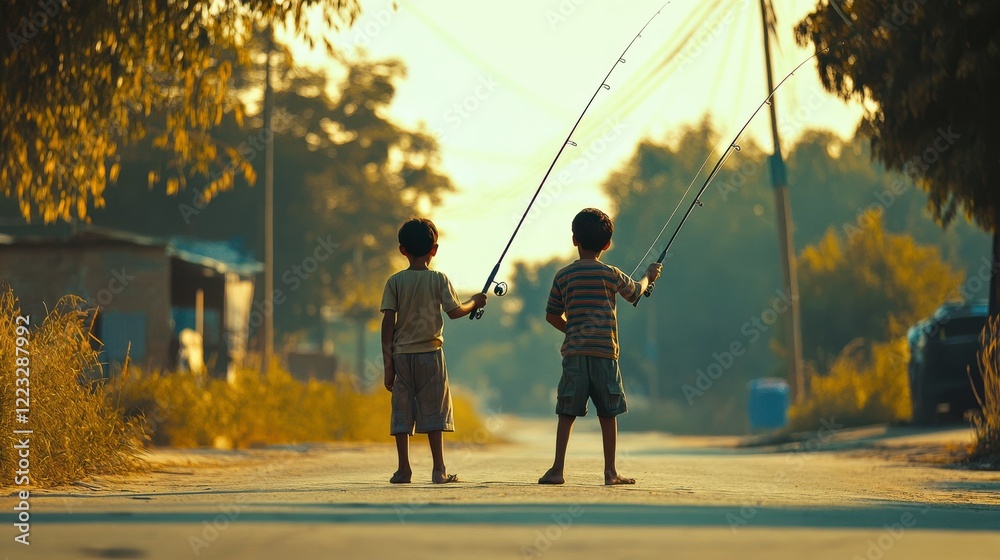Obraz premium Two caucasian young boys fishing on rural road at sunset