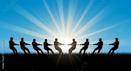 Concept of combativity in the effort, with men joining forces with tug of war, to defeat their opponents.
