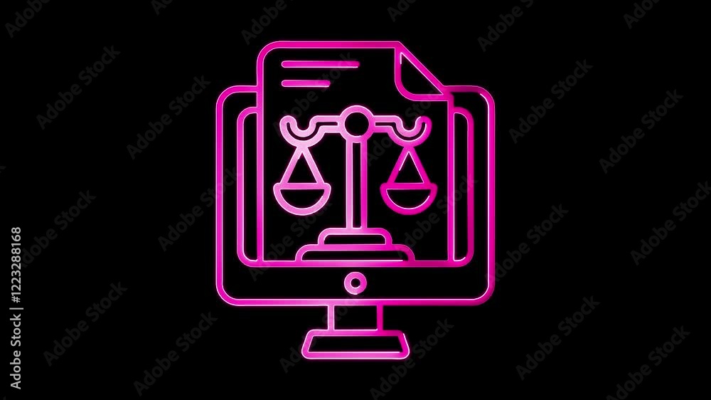 Technology law icon animation by pink color neon on black background. Technology law icon animation by pink color neon on black background.
