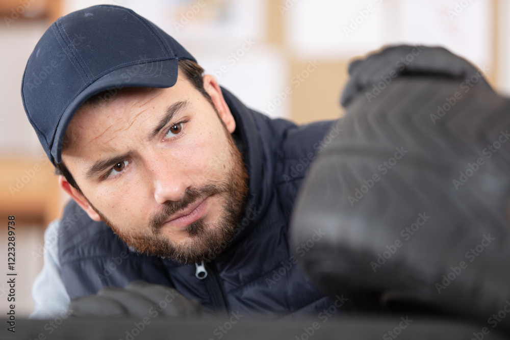 close up of mechanic inspecting car tyres close up of mechanic inspecting car tyres