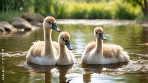 Three cygnets swim in a shallow, greenish pond surrounded by tall grasses. photo