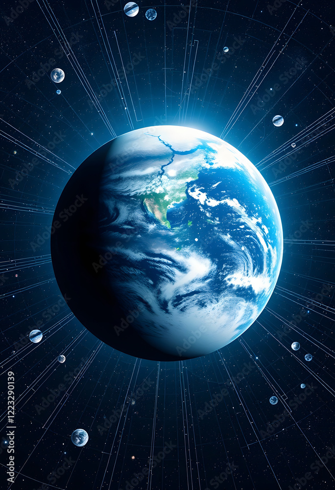 Fototapeta premium image of the planet Earth in space experimental communications and Internet communications, pop-art, with white tones