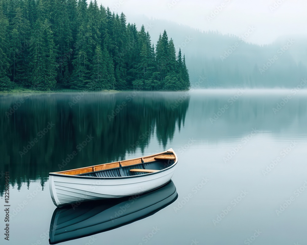 Quiet forest lake shrouded in morning mist, with a single rowboat floating near the shore Quiet forest lake shrouded in morning mist, with a single rowboat floating near the shore