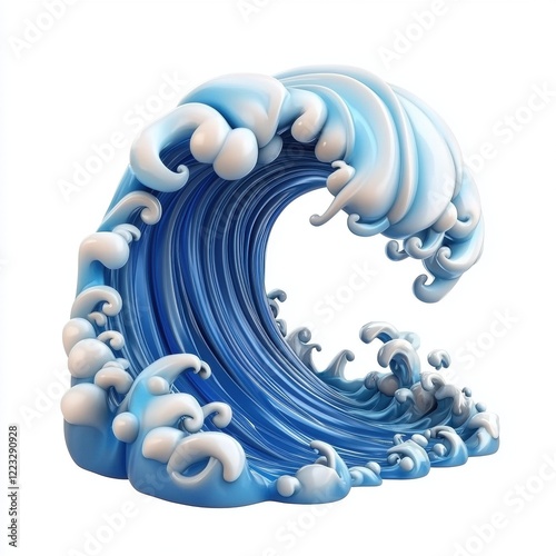 3D icon cartoon wave crashing with foamy details, isolated on a white background -