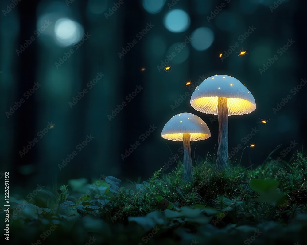 Fototapeta premium Enchanted forest with glowing mushrooms, sparkling fireflies, and a mystical light filtering through the trees