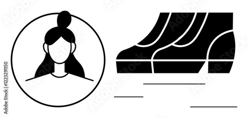 Womans head with a bun enclosed in a circle next to a pair of running shoes indicating movement. Ideal for fitness, health, lifestyle, energy, gender representation, activity, well-being. Simple