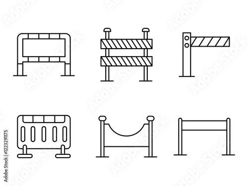 Roadblock barrier line icons set. Road barrier symbol. Guardrail or Road barrier vector collections. road block and pedestrian barrier. Under construction icons.