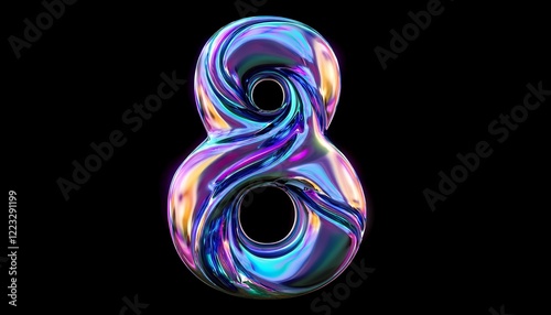 Birthday number design - iridescent number eight 8 - isolated on black background - neon glowing number