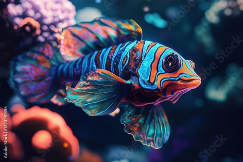 A close-up view of a vibrant mandarinfish, showcasing its intricate patterns of neon blue, orange, and green scales as it swims gracefully over coral photo