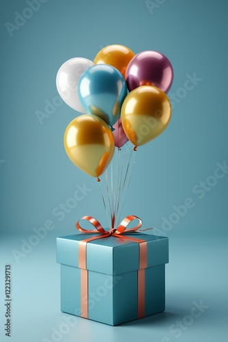 there is a blue gift box with balloons attached to it